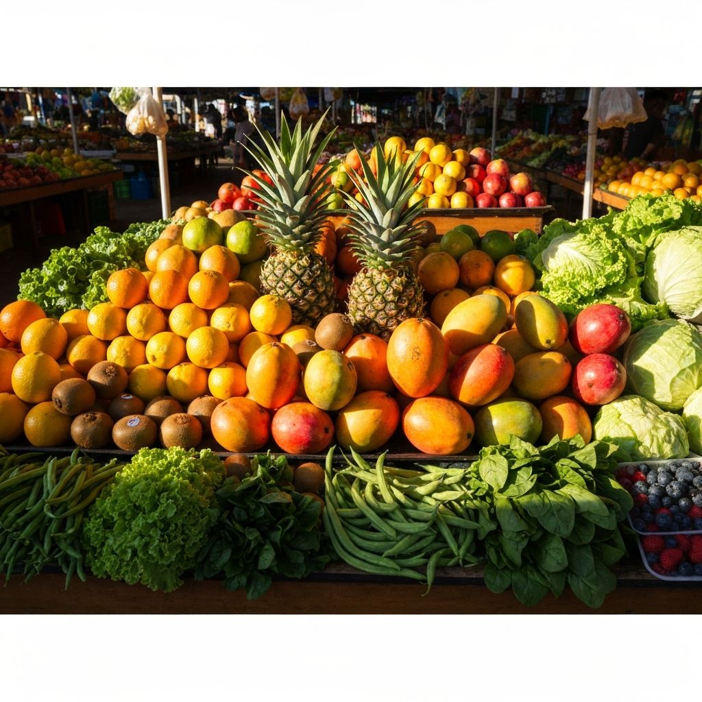 Colorful tropical fruits and vegetables under sunlight